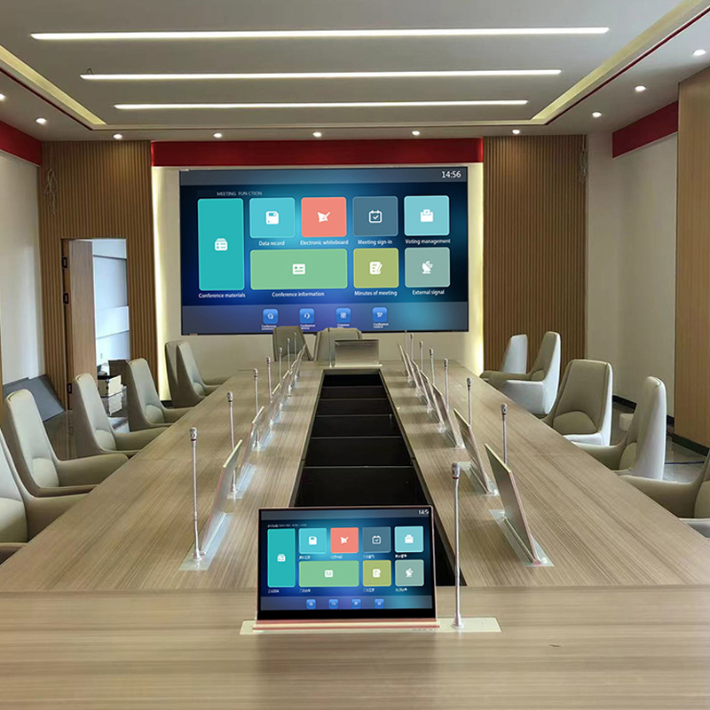 Sistema de conferencias sin papel con monitor abatible de escritorio oculto